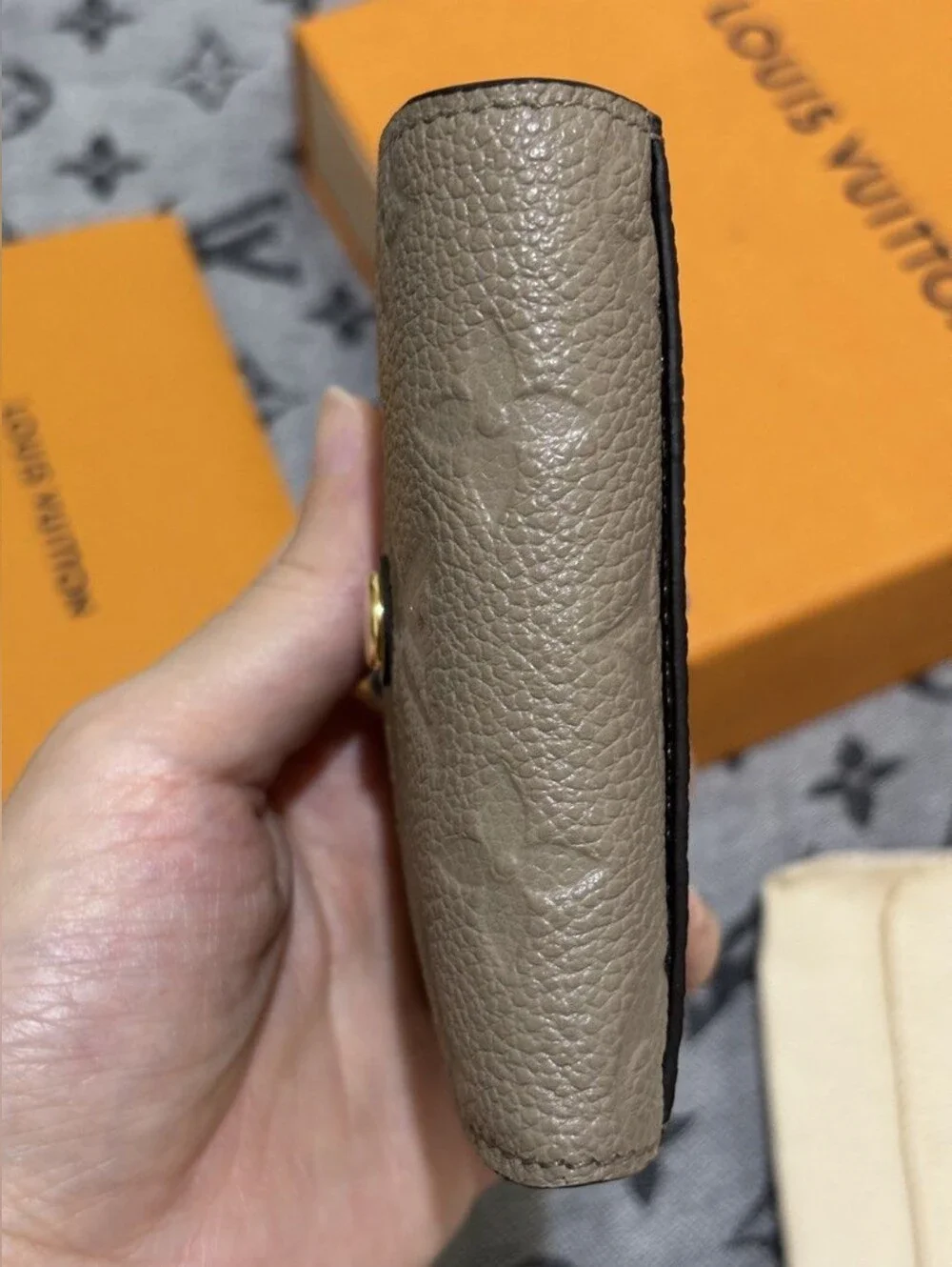Louis Vuitton Taupe Embossed Monogram Compact Wallet with Gold Snap Button